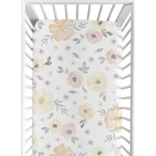 Sweet Jojo Designs Girl Baby Fitted Crib Sheet Watercolor Floral Yellow Pink and Grey