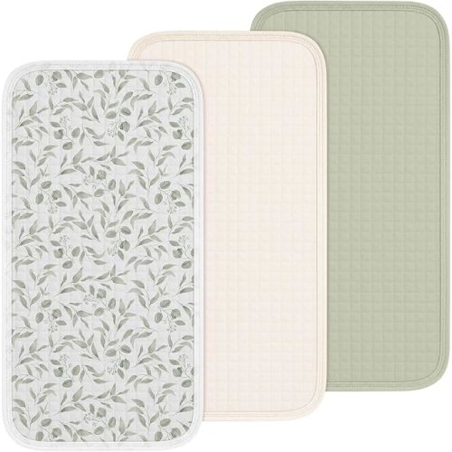 3 Pcs Waterproof Changing Pad Liners Reusable Baby Diaper Pad Liners for Girl Boy 27.5 x 14.2 Quilted Floral Cotton Changing Table Cover(Green Leaves)