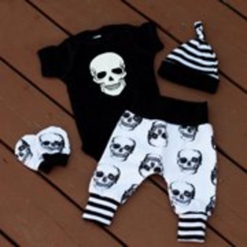 Summer Baby Boy Girl Skull Clothes Romper +Long Pants Hat 4pcs Outfits Set 0-18M