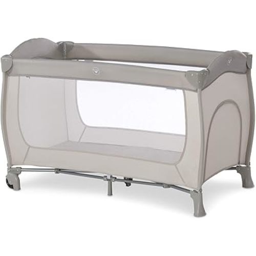 Hauck Sleep N Play Go Plus Portable Baby Travel Cot with Wheels, Mattress, Large Viewing Windows, and Side Exit for Babies and Toddlers, Beige