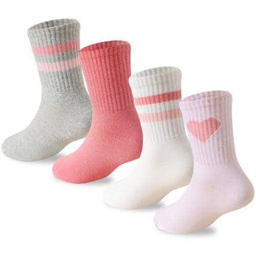 Girls Socks Kids Pink Crew Athletic Socks with Hearts Striped 4 Pairs for Children 4-12 Years