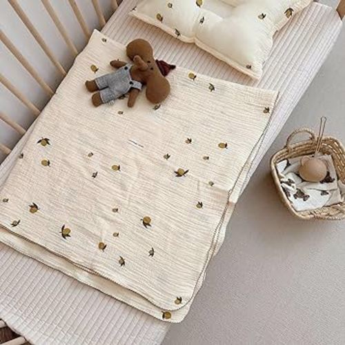 BuLuTu Muslin Baby Quilt Blanket, Breathable Cotton Summer Blanket for Toddler Girls Boys, Baby Crib Blanket Muslin Quilts,Lemon Pattern,47"x51"