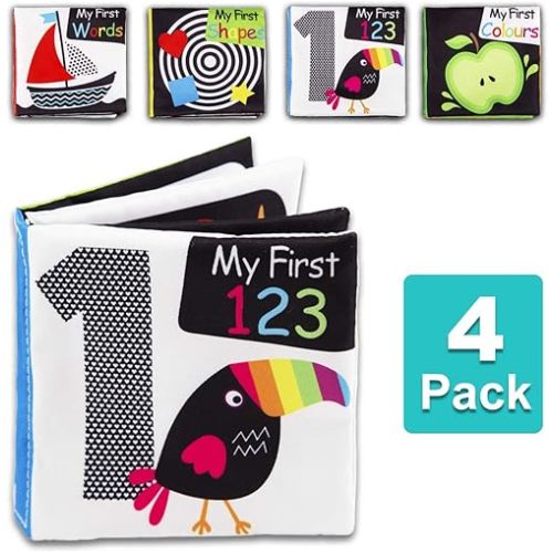 Baby First Soft Activity Cloth Book Set (4PK), High Contrast Black and White Interactive Crinkle Soft Book Bundle for Infant, Early Education for Brain Development with Numbers, Words, Shapes, Colors