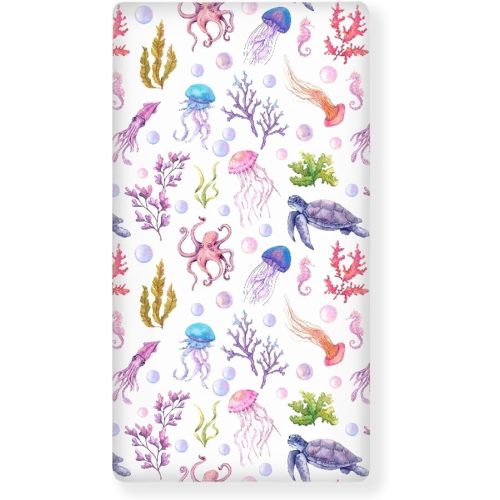 Ocean Purple Fitted Crib Sheet for Boys Girls Turtle Jellyfish Sea Horse Weeds Sea Life Baby Sheet for Standard Crib and Toddler Nursery Bed Mattress Sheets 28"x52"