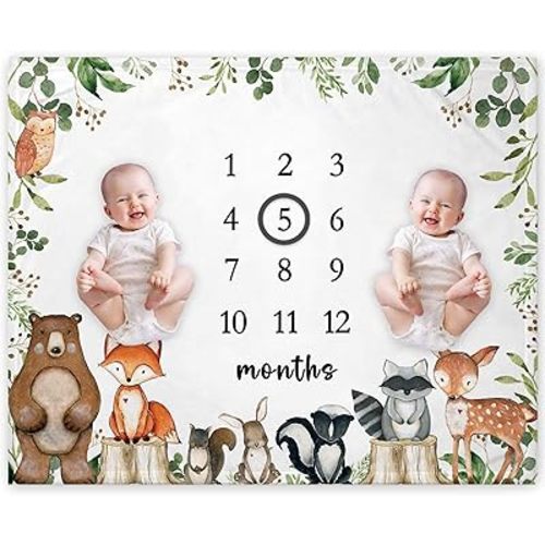 Yuzioey Twins Woodland Milestone Blanket, Twins Forest Animals Baby Growth Chart Monthly Blanket, Watch Me Grow Twins Baby Nursery for New Moms Baby Shower(50"x40")