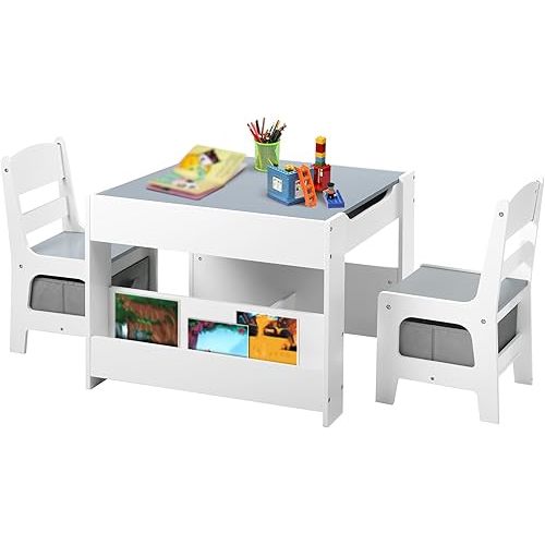 Kinder King Kids Wood Table & 2 Chairs Set, 4 in 1 Children Activity Table w/Double Bookcase, Blackboard, Toddler Furniture Set for Art, Crafts, Drawing, Reading, Playroom, Grey