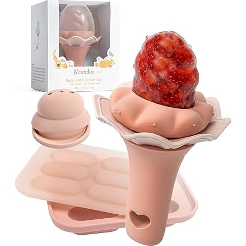 Moonkie Baby Fruit Feeder for Self-Feeding: Controlled Flow Design with 2 Pouches for Safe First Foods - BPA Free Silicone Food Feeder with Freezer Tray for Cooling Comfort - 4 Months+ - 1 Pack