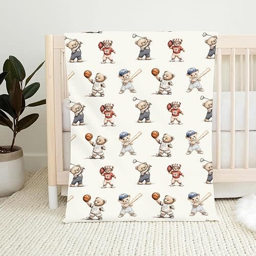 Cute Sport Bears Golf Baseball Basketball Baby Boy Girl Blankets Sports Lover Gift White Flannel Fluffy Blanket for Baby Breathable Toddler Blanket for Crib Stroller Bed Travel White 30x40inch