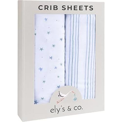 Ely’s & Co. Crib Sheets, Baby Boy Fitted Crib Mattress Sheet Set, 2 Pack, 100% Jersey Knit Cotton, Infant and Toddler Nursery Bedding, Blue Stars + Stripes Print, 28” x 52”