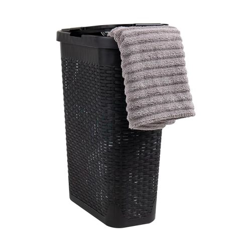 Mind Reader Slim Laundry Hamper with Lid, 40L Clothes Basket, Premium Wicker Design, Plastic, Black