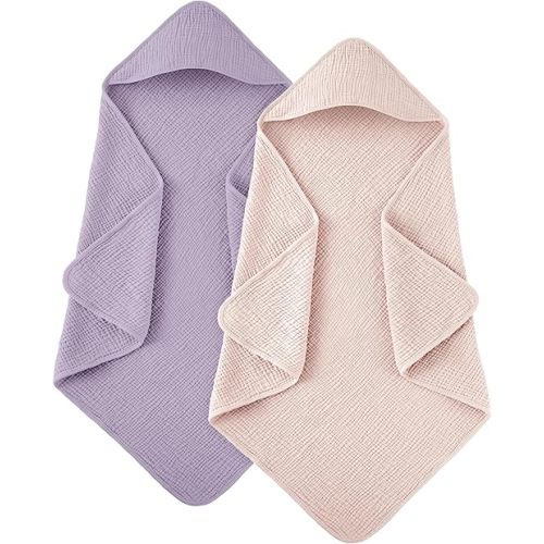 Susurration Hooded Baby Towels for Newborn 2 Pack 100% Muslin Cotton Towel for Babies,Highly Absorbent and Newborn Essential 30x30 Inch (PinkPurple)