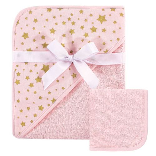 Hudson Baby Infant Girl Cotton Hooded Towel And Washcloth 2pc Set, Pink Gold Star, One Size