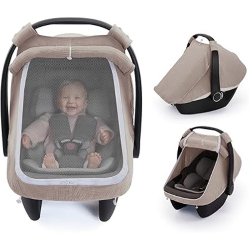 Blissful Diary Baby Car Seat Cover, Extra Large Mesh Window, Breathable Muslin Cotton, Infant Windproof Canopy, Agreeable Gray