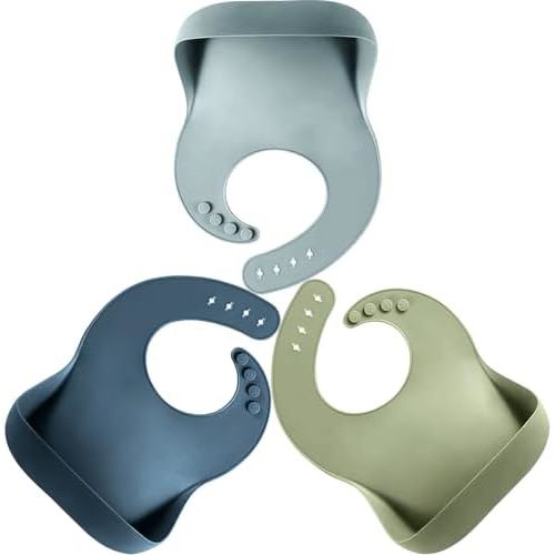 Tiny Marvels Silicone Baby Bibs Set of 3, Adjustable & Dishwasher Safe, Easy Clean Toddler Bibs with Food Catcher Pocket