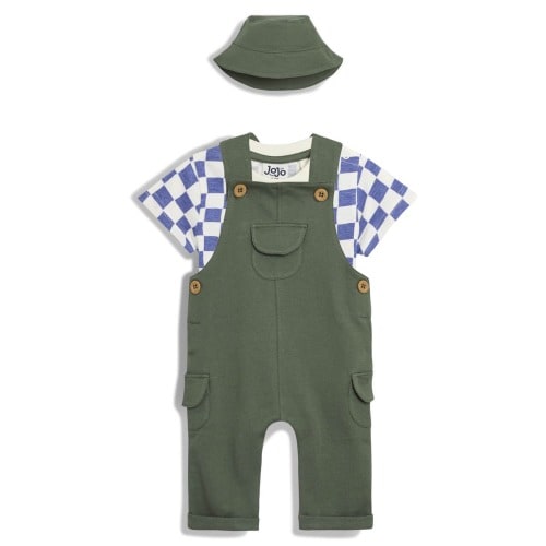 Check T-Shirt, Knit Overalls & Bucket Hat Set