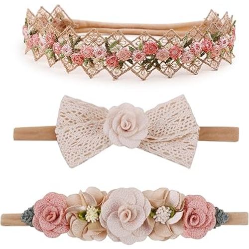 cherrboll 3pcs Baby Girl Headbands Flowers, Super Soft & Stretchy Nylon Floral Hairbands for Newborn Toddler