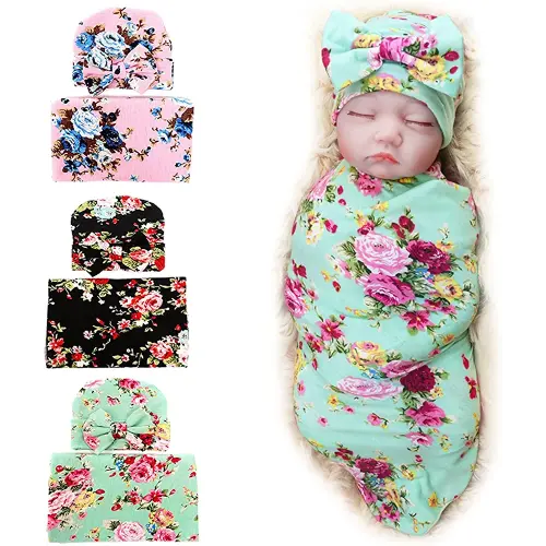 DRESHOW BQUBO Newborn Floral Receiving Blankets Newborn Baby Swaddling Hats Sleepsack Toddler Warm Shower Gift 3 Pack