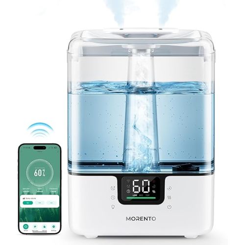 MORENTO Smart Humidifiers for Bedroom Large Room Home, 6L Cool Mist Top Fill Humidifier with Essential Oil Diffuser, Smart App & Voice Control, for Nursery & Plants, White, 1 Pack + 7 Color NightLight