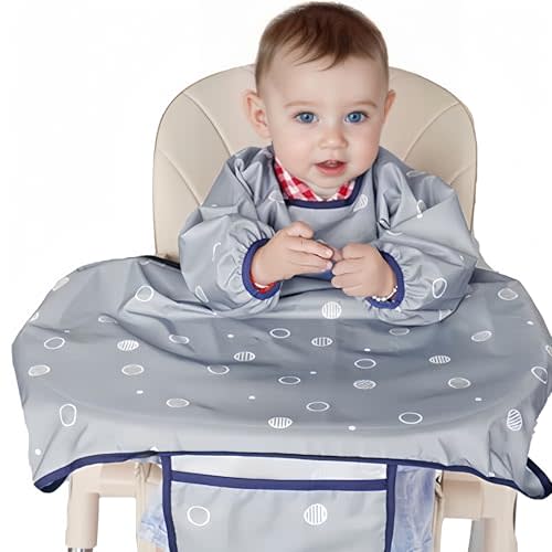 MOTEERLLU Coverall Baby Feeding Bib for Eating,Long Sleeves Bib Attaches to Highchair and Table,Weaning Bibs