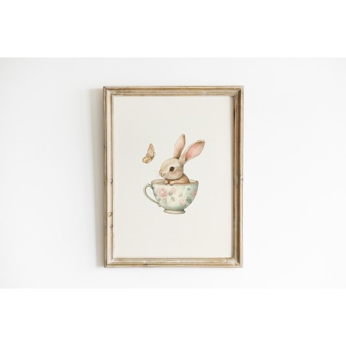 Vintage Bunny Tea cup Nursery art print Bunny Watercolor Print Floral Bunny nursery Printed and shipped on high archival paper NN20-A1