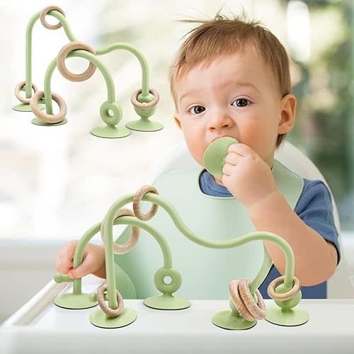 Baby Sensory Teething Chew High Chair Suction Toys for Infant Toddlers 6 12 18 24 Months, Food Grade Silicone Teether with Oak Loop Montessori Educational Baby Bath Toy Gifts (Green)