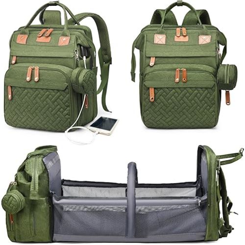 Baby Diaper Bags with Changing Station, Waterproof Diaper Bag Backpack for Moms Dads with USB Charging Port, Baby Shower Gifts, Large Capacity diaper backpack, Green
