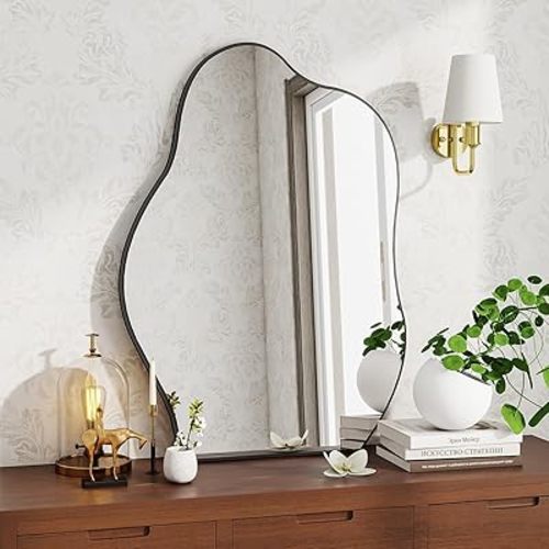 BEAUTYPEAK Asymmetrical Mirror, 24 x 32 Inches Irregular Wall Mirror, Wood Frame Unique Shape Wall Mounted, Decorative for Living Room Bedroom Entryway Hallway