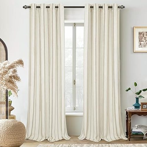 DriftAway Farmhouse Linen Blend Blackout Curtains 84 Inches Long for Bedroom Vertical Striped Printed Linen Curtains Thermal Insulated Lined Treatments for Living Room 2 Panels W52 x L84 Camel Beige
