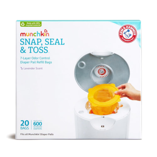 Munchkin® Arm & Hammer Diaper Pail Snap, Seal & Toss™ Refill Bags, Holds up to 600 Newborn Diapers, 20 Pack