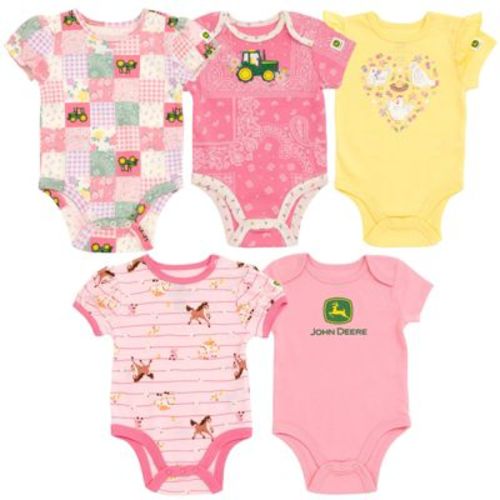 John Deere Farm Animals Tractor Newborn Baby Girls 5 Pack Bodysuits Pink / Yellow 6-9 Months