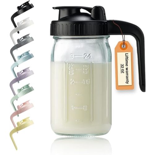 32oz Glass Pitcher with Lid & V-shaped Pour Spout - 1 Quart Breastmilk Pitcher Double Leak Proof, Creamer Container for Sun Tea, Juice, Cold Brew Coffee, Breastmilk Storage Container
