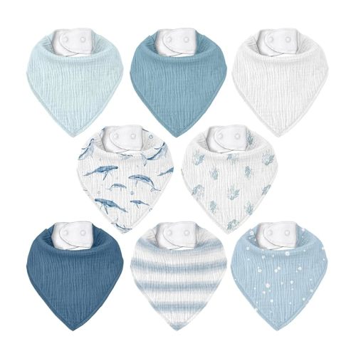 Muslin Baby Bibs 8 Pack, Baby Bandana Drool Bib for Drooling and Teething, Cotton Soft Absorbent for Girls Boys (Blue Ocean Whale)