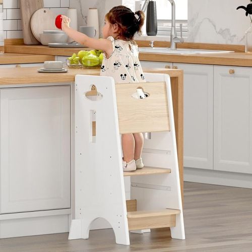 COSYLAND Toddler Standing Tower Adjustable Height - Super Stable Toddler Kitchen Stool Helper - 3 Levels Adjustable Wooden Kids Kitchen Stool (Natural & White)