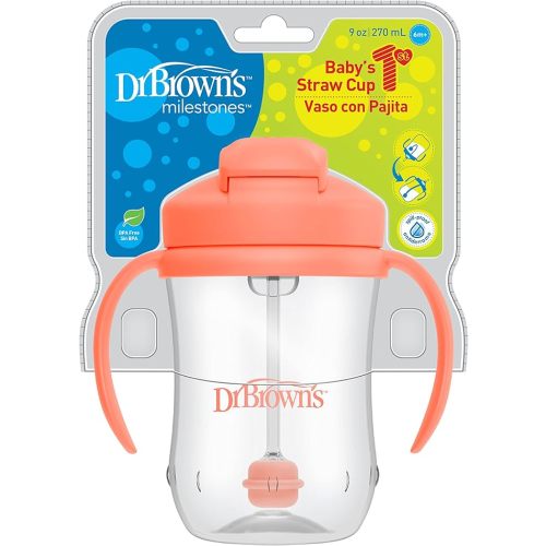 Dr. Brown's Milestones Baby's First Straw Cup, Training Cup with Weighted Straw, 9oz/270mL, Coral, BPA Free, 6m+