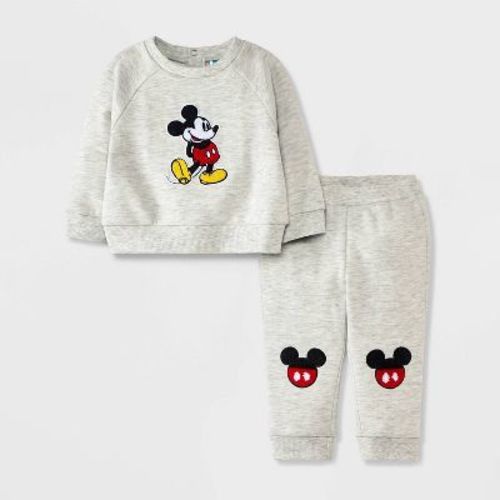 Baby Boys' Disney Mickey Mouse Chenille Patch Fleece Pullover And Pants Set - Gray 6-9m