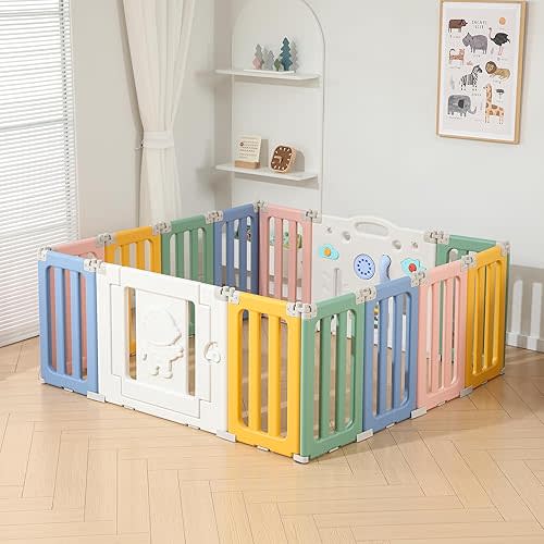 Bestgame Baby Play Pen, Foldable Play Pens for Babies and Toddlers, 14 Panels Extra Large Baby Playpen, Astronauts Portable Fence, Kids Gate Playpen Yard - Colorful