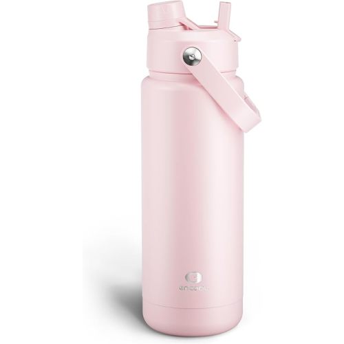 Insulated Water Bottle with Straw - Encool Stainless Steel Water Bottle, Leak-Proof, BPA-Free, Double Wall Vacuum Keeps Cold for 24 Hours for Sports, Travel, School (32 oz, Cotton Candy)