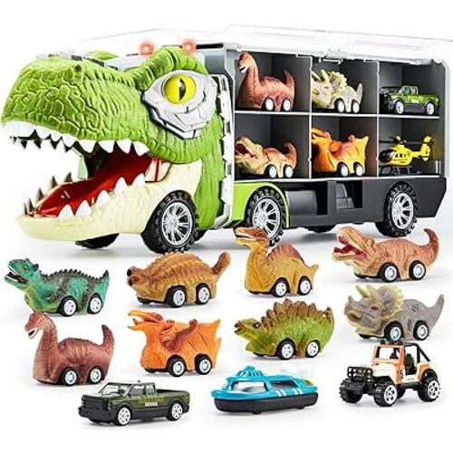 JOYIN 13 in 1 Dinosaur Toys for Kids 3-5, Dinosaur Truck with 12 Pull Back Cars, Dinosaur Cars Set, Birthday Gifts Toys for 3 4 5+ Year Old Boy, Transport Carrier Truck for Toddlers 3-4 Years