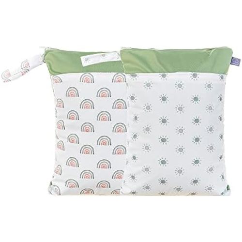 MOMIGO 2 pcs/set Wet Dry Bags for Baby Cloth Diapers - Reusable, Washable for Stroller, Diapers, Toiletries, Travel Bags, Beach, Pool, Gym Bag with Two Zippered Pockets 11.8 * 15.7 inch (Sun&Rainbow)