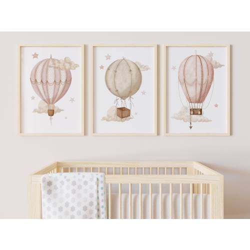 Hot Air Balloon nursery wall art, Set of 3 Hot Air Balloon print, Baby Girl Nursery Decor, Nursery Room Decor, Adventure theme nursery