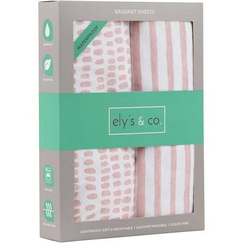 Ely's & Co. Patent Pending Waterproof Bassinet Sheet, No Need for Bassinet Mattress Pad Cover, 2 Pack Mauve Pink Splash & Stripes,for Baby Girl 32" 16"X3"