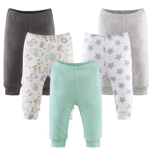 The Peanutshell Baby Boy or Baby Girl Pants Set, 5 Pack, Safari, Black, White, Sage, Stars