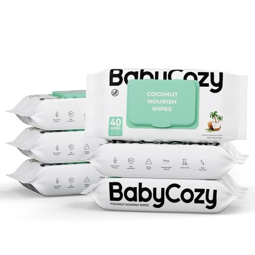 Baby Wipes, Cleansing & Moisturizing 2-in-1 Babycozy Sensitive, 100% Plant Fiber & Biodegradable, Hypoallergenic Baby Coconut Wipes Moisturize Every Cleanse, 240 count (6 pack)