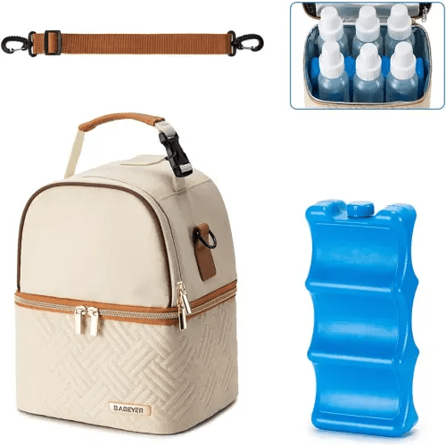 Breastmilk Cooler Bag with Ice Pack Fits 6 Baby Bottles up to 9 Ounce, Breast Milk Pump Cooler Bag with Shoulder Strap for Nursing Mom Daycare, Work, Travel- Cream