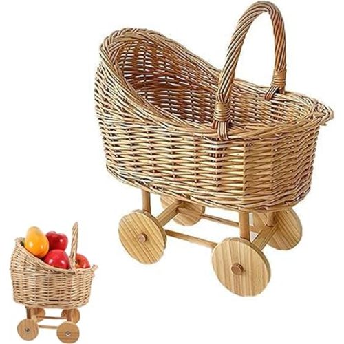 Woven Rattan Stroller Flower Girl Basket with Handle, Wicker Baby Carriage for Baby Shower, Vintage Wicker Basket for Flower Girl Baskets/Wedding Parties/home Decoration/flower Shop Display