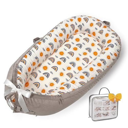 Baby Lounger-Breathable Co-Sleeping and Soft Organic 100% Cotton Baby Lounger, Portable Infant Lounger with Removable Lounger Cover, Baby Nest Lounger for Newborn 0-24 Months(Ao Rainbow)