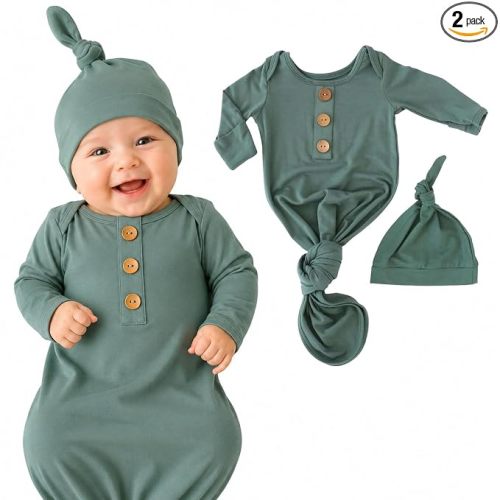 Caden Lane Newborn Knotted Gown with Hat, Soft Bamboo Viscose Baby Sack, Unisex Infant Breathable Night gown Emerald