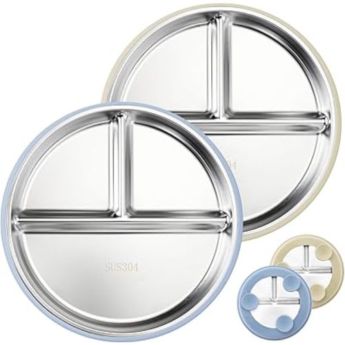 Stainless Steel Kids Plates with Suction, 9” Divided Baby Plates with Removable Silicone Sleeves, Non-Slip Toddler Plate Unbreakable Metal Toddler Bowls Dinnerware Set of 2 (Blue, Beige)
