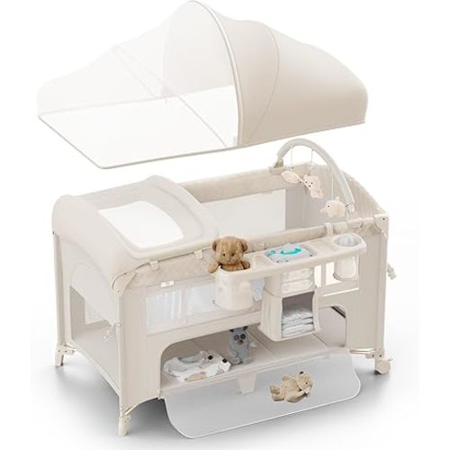 4 in 1 Baby Bassinet, Pack and Play, Bedside Crib Sleeper, Diaper Changer - Comes with Mattress, Mosquito Net,Bottom Storage and Toy Bar for Newborn to Toddles