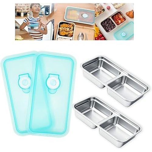 2pcs Grab and Go Snack Containers Stainless Steel, Reusable Snack Condiment Containers with Lids, Double Compartment Food Lunch Meal Container Prep for Travel, Small Packs Container